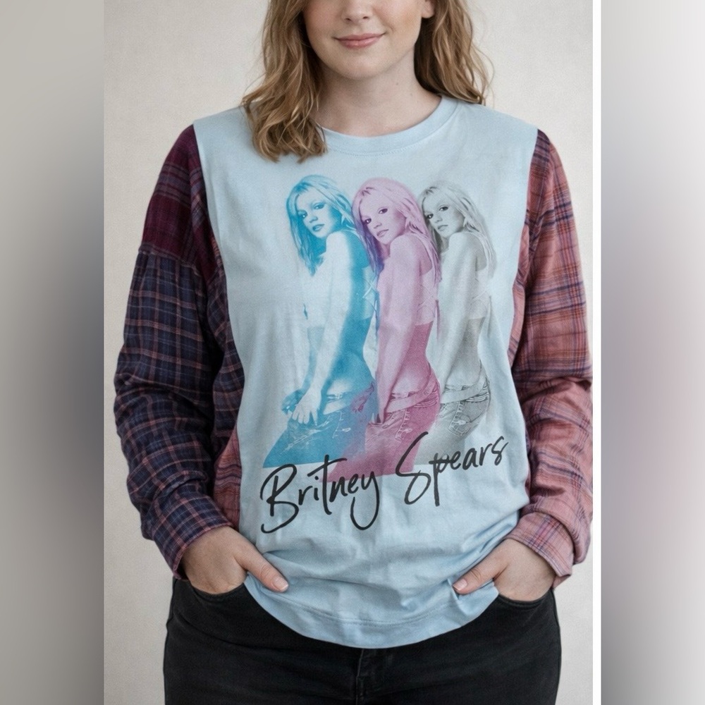 Custom Upcycled Britney Spears Blue Tee Shirt Flannel Pullover Graphic Top OSFM